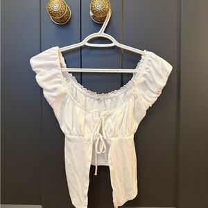 Garage White Puff Sleeve Crop Top with Tie Front